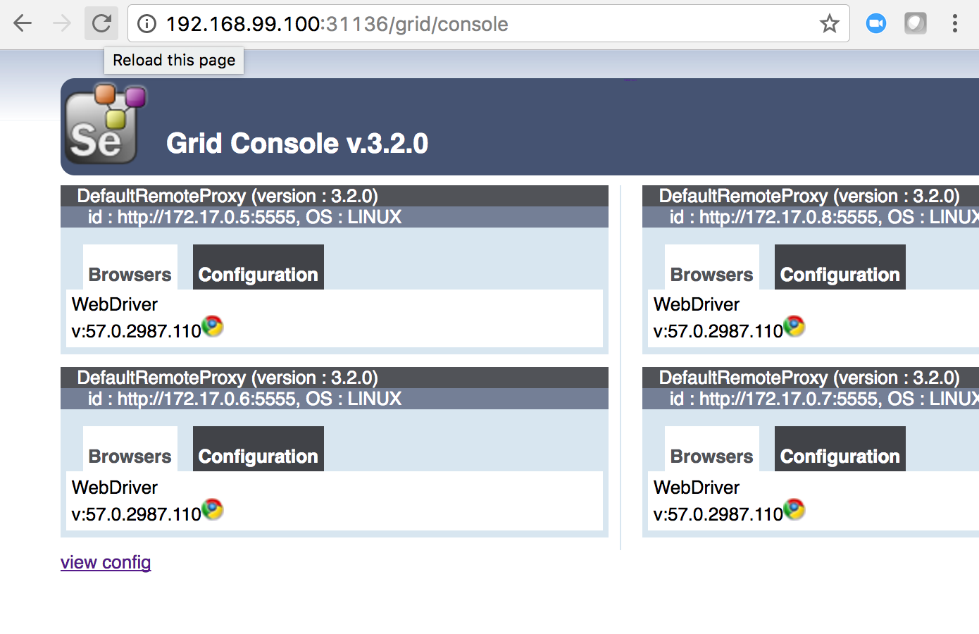 Selenium Hub with four connected Chrome Nodes.