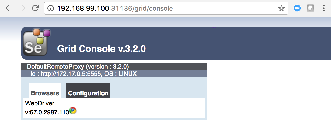 Selenium Hub with one connected Chrome Node.