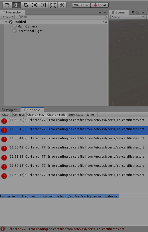 An image showing that Unity is looking for the CA Certificates in the wrong location